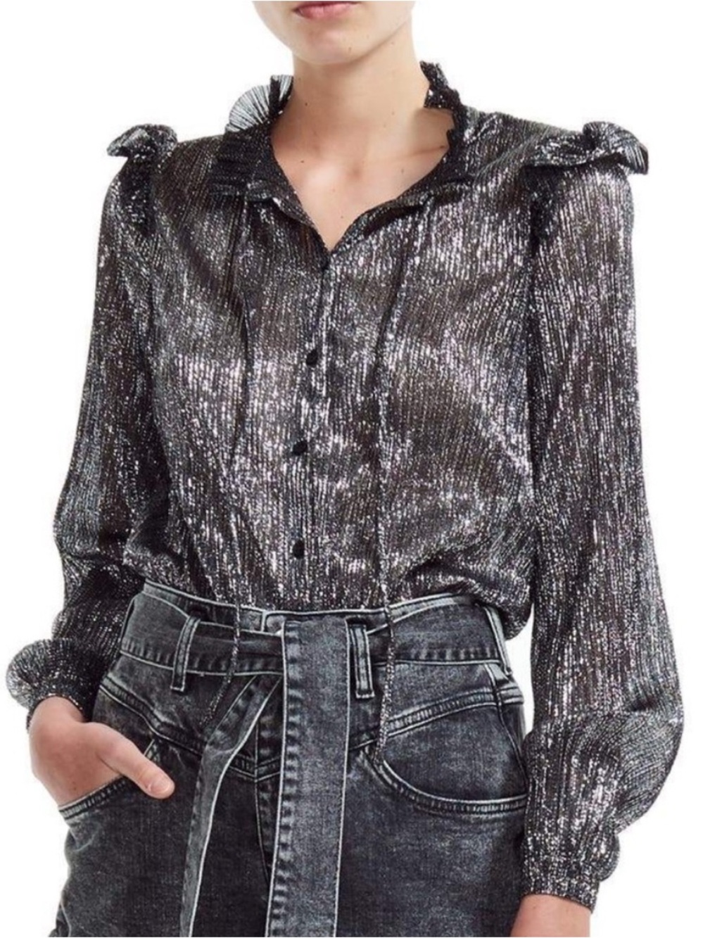 Maje Clunny Silver Metallic Lurex Pleated Argent Size 1 Small